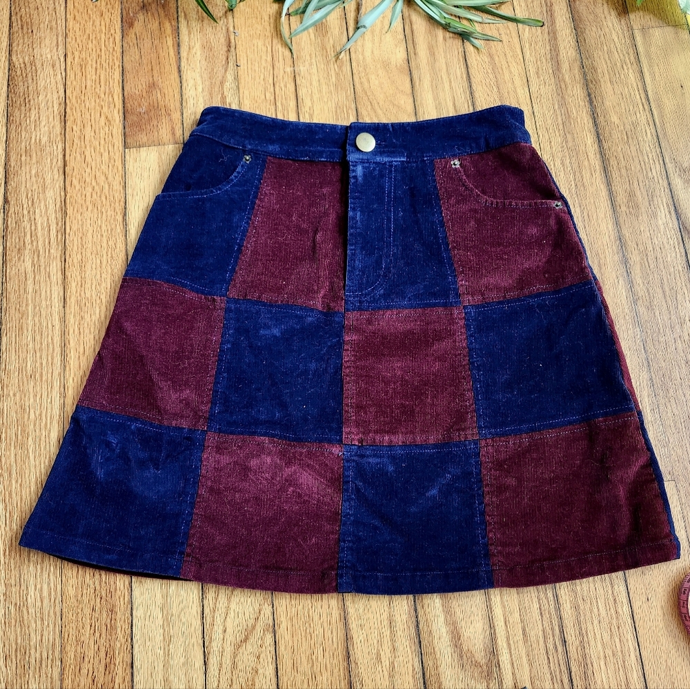 ModCloth Patchwork Checkered Corduroy Mini Skirt - Navy Blue and Burgundy